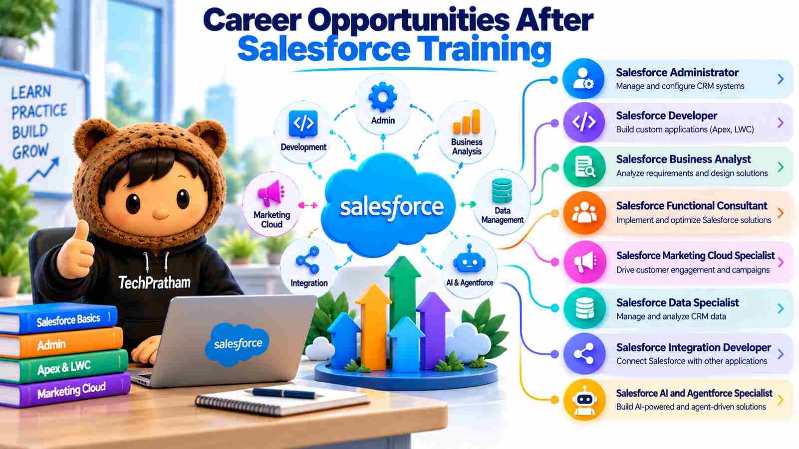 Career opportunities after Salesforce training include Administrator, Developer, Business Analyst, Consultant, Marketing Cloud, Data, Integration, and AI Specialist roles.